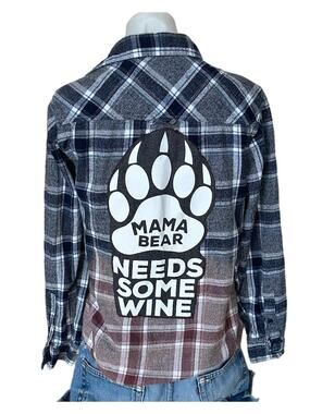 Mama Bear Needs Wine Plaid Flannel Shirt Shacket SMALL Classic Oversize Unique